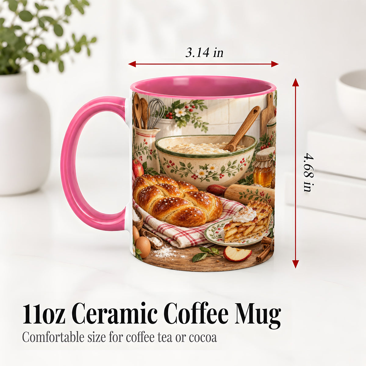 #pl[11oz|Pink] Farmhouse Baking Accent Mug, Mug with Apple Pie Kitchen Artwork