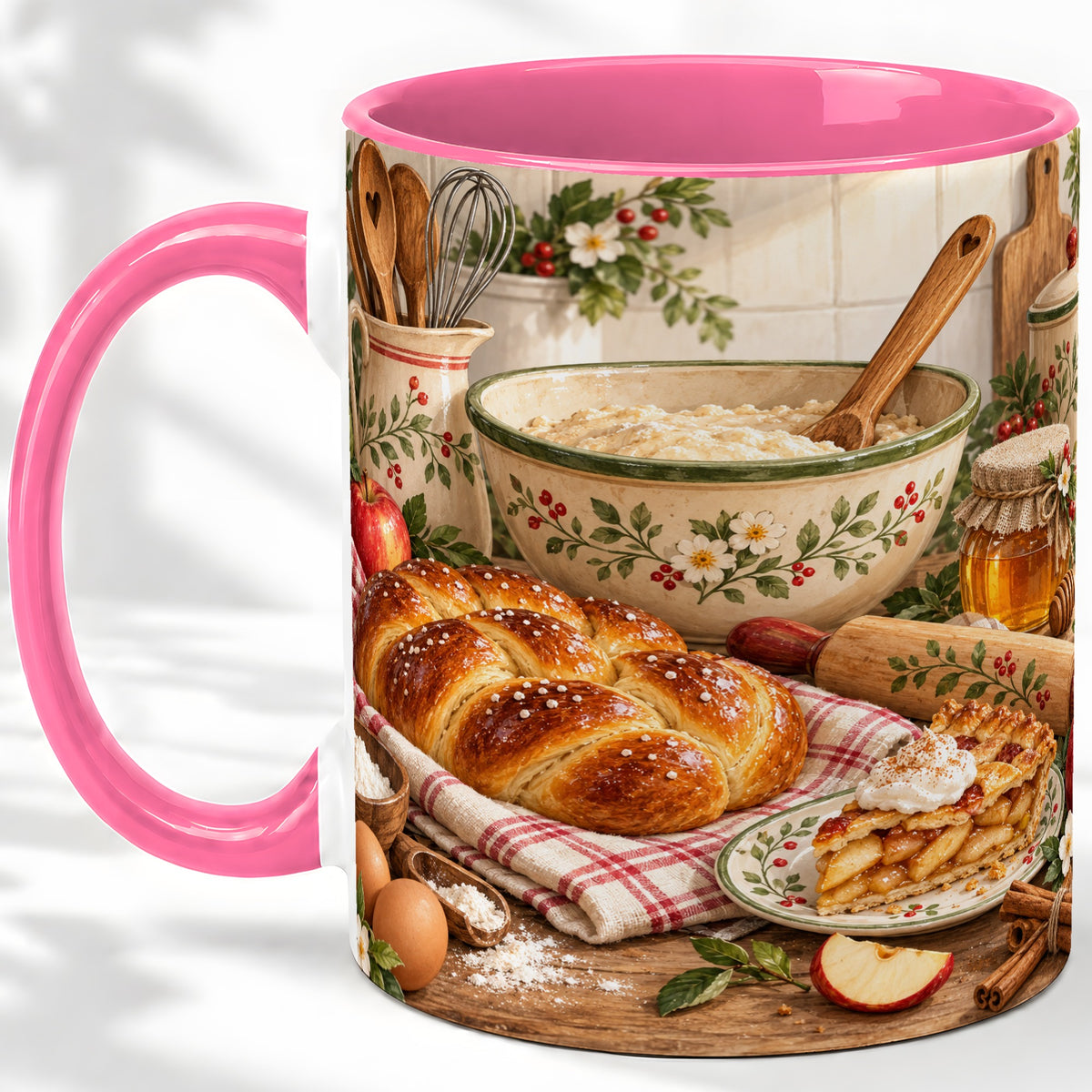 #pl[11oz|Pink] Farmhouse Baking Accent Mug, Mug with Apple Pie Kitchen Artwork