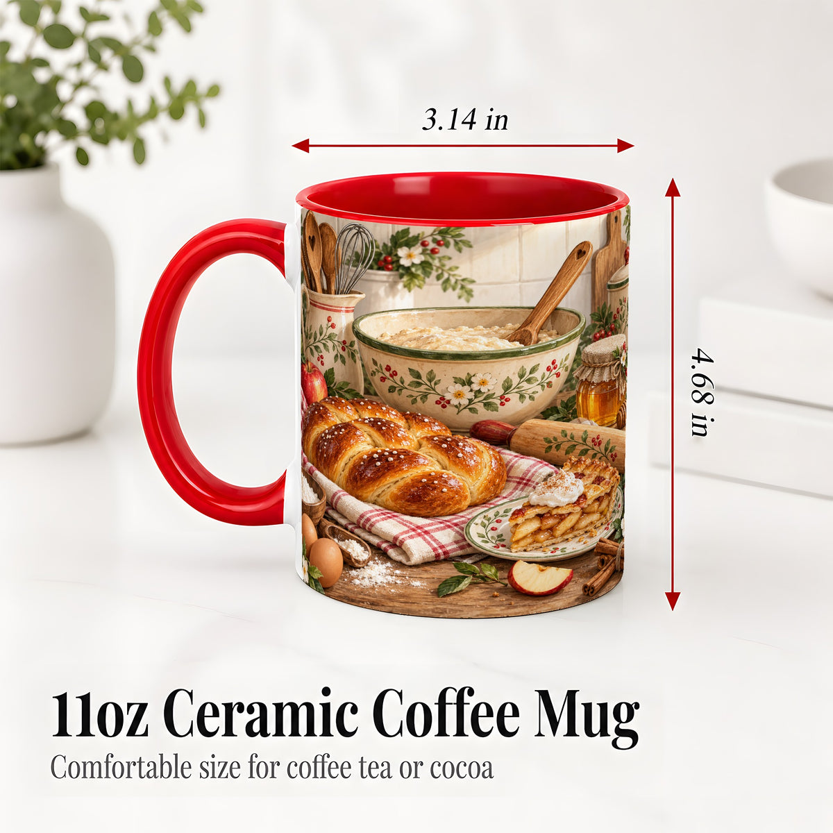 #pl[11oz|Red] Farmhouse Baking Accent Mug, Mug with Apple Pie Kitchen Artwork