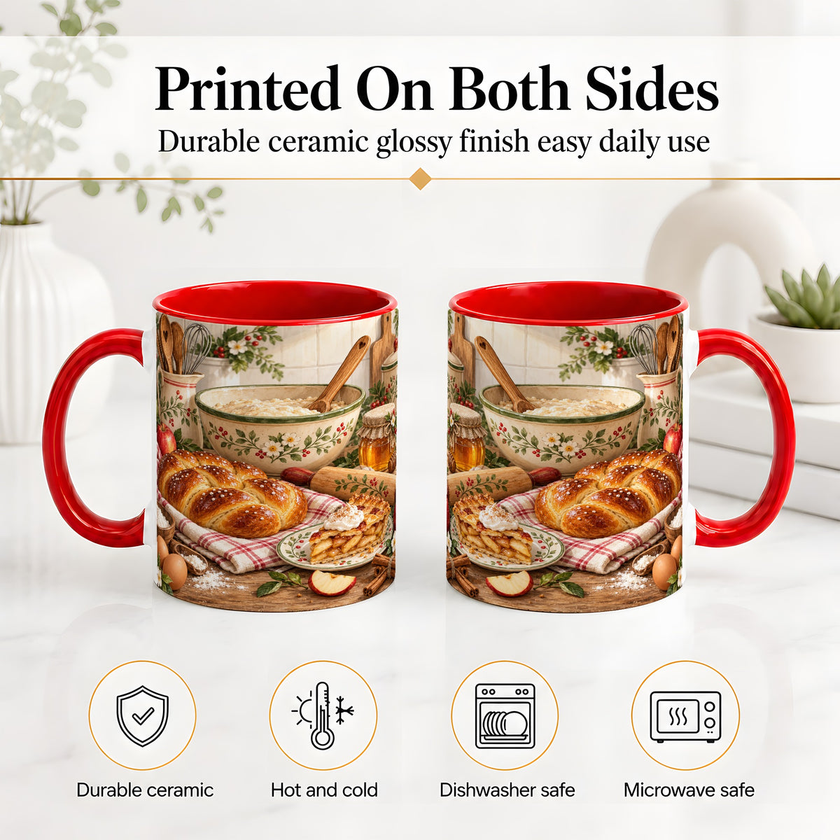 #pl[11oz|Red] Farmhouse Baking Accent Mug, Mug with Apple Pie Kitchen Artwork