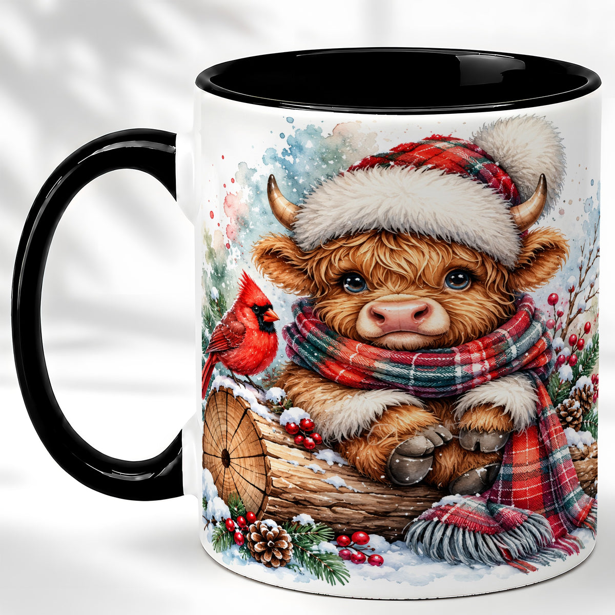 #pl[11oz|Black] Christmas Highland Cow Coffee Mug, Winter Cow Mug, Ceramic Cup