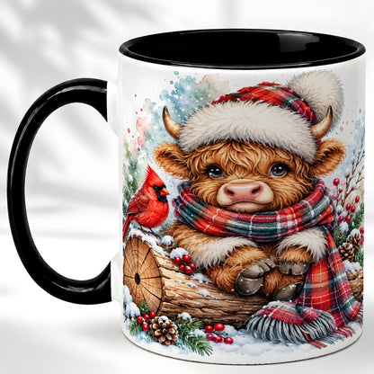 #pl[11oz|Black] Christmas Highland Cow Coffee Mug, Winter Cow Mug, Ceramic Cup