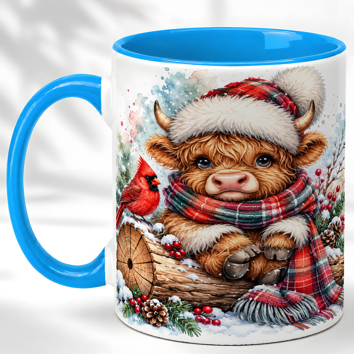 #pl[11oz|Blue] Christmas Highland Cow Coffee Mug, Winter Cow Mug, Ceramic Cup