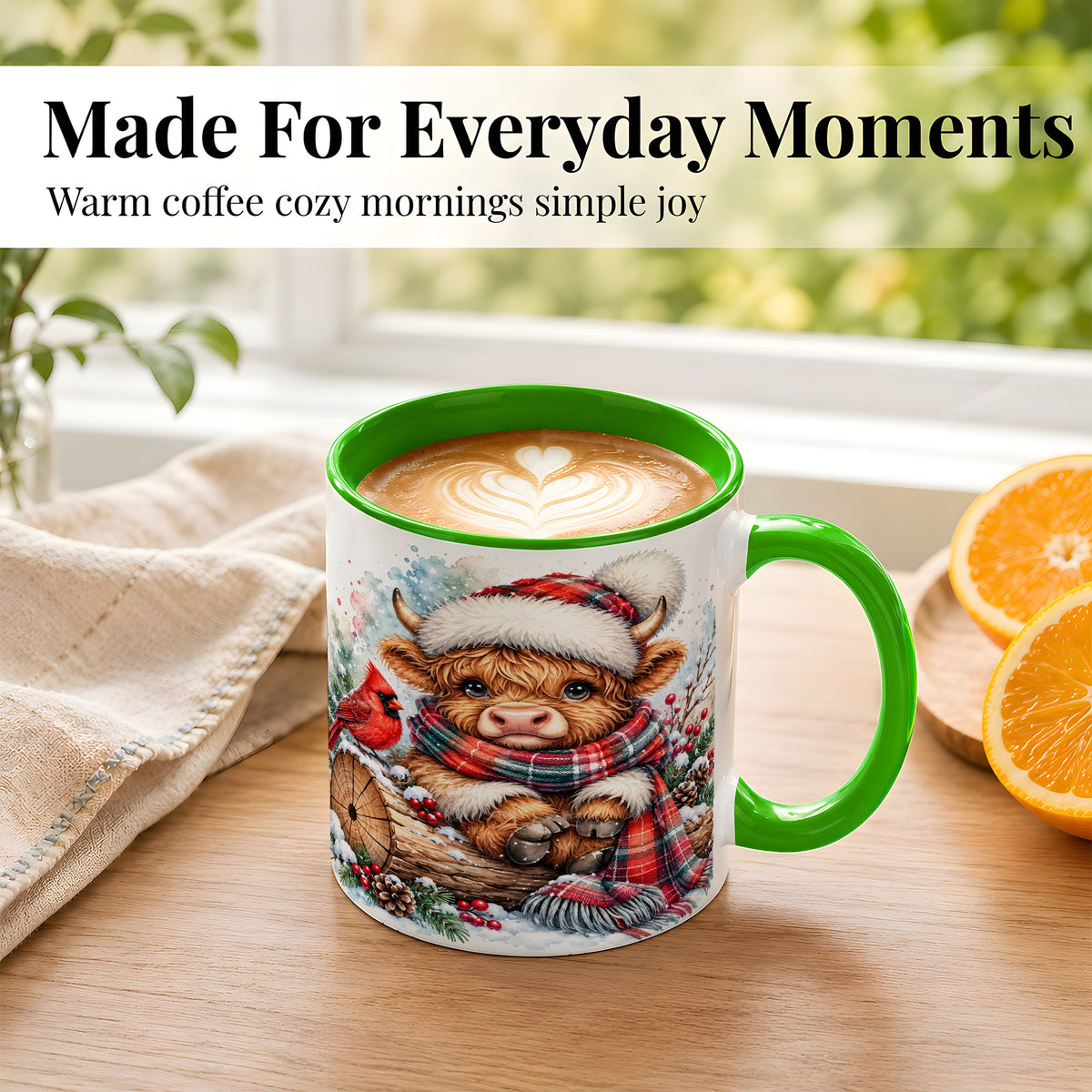#pl[11oz|Green] Christmas Highland Cow Coffee Mug, Winter Cow Mug, Ceramic Cup