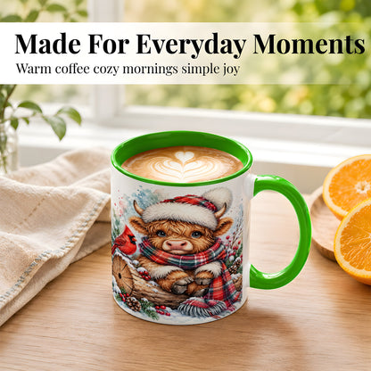 #pl[11oz|Green] Christmas Highland Cow Coffee Mug, Winter Cow Mug, Ceramic Cup