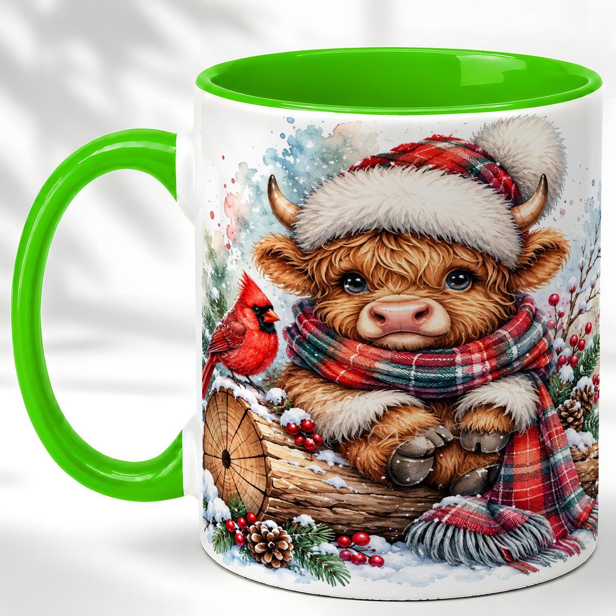 #pl[11oz|Green] Christmas Highland Cow Coffee Mug, Winter Cow Mug, Ceramic Cup