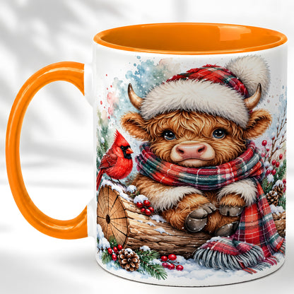 #pl[11oz|Orange] Christmas Highland Cow Coffee Mug, Winter Cow Mug, Ceramic Cup