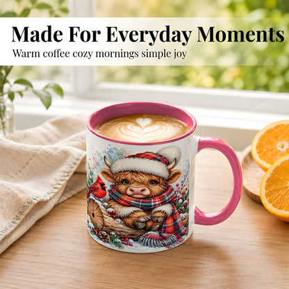 #pl[11oz|Pink] Christmas Highland Cow Coffee Mug, Winter Cow Mug, Ceramic Cup