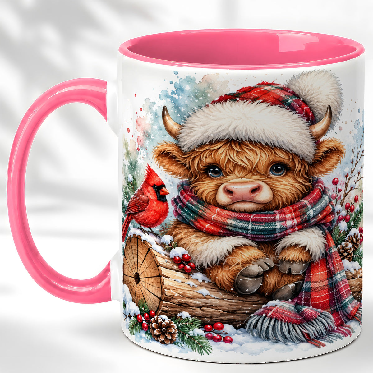 #pl[11oz|Pink] Christmas Highland Cow Coffee Mug, Winter Cow Mug, Ceramic Cup