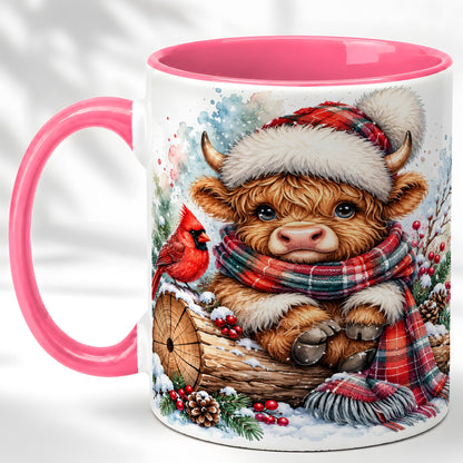 #pl[11oz|Pink] Christmas Highland Cow Coffee Mug, Winter Cow Mug, Ceramic Cup