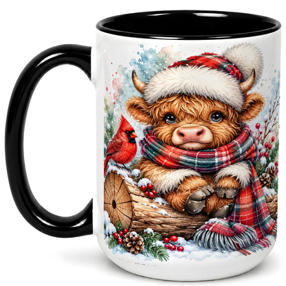#pl[15oz|Black] Christmas Highland Cow Coffee Mug, Winter Cow Mug, Ceramic Cup