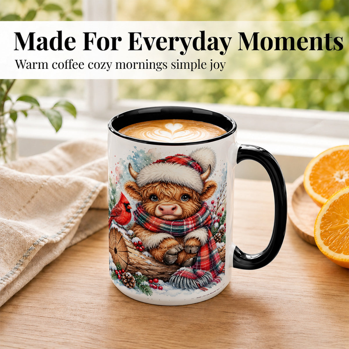 #pl[15oz|Black] Christmas Highland Cow Coffee Mug, Winter Cow Mug, Ceramic Cup
