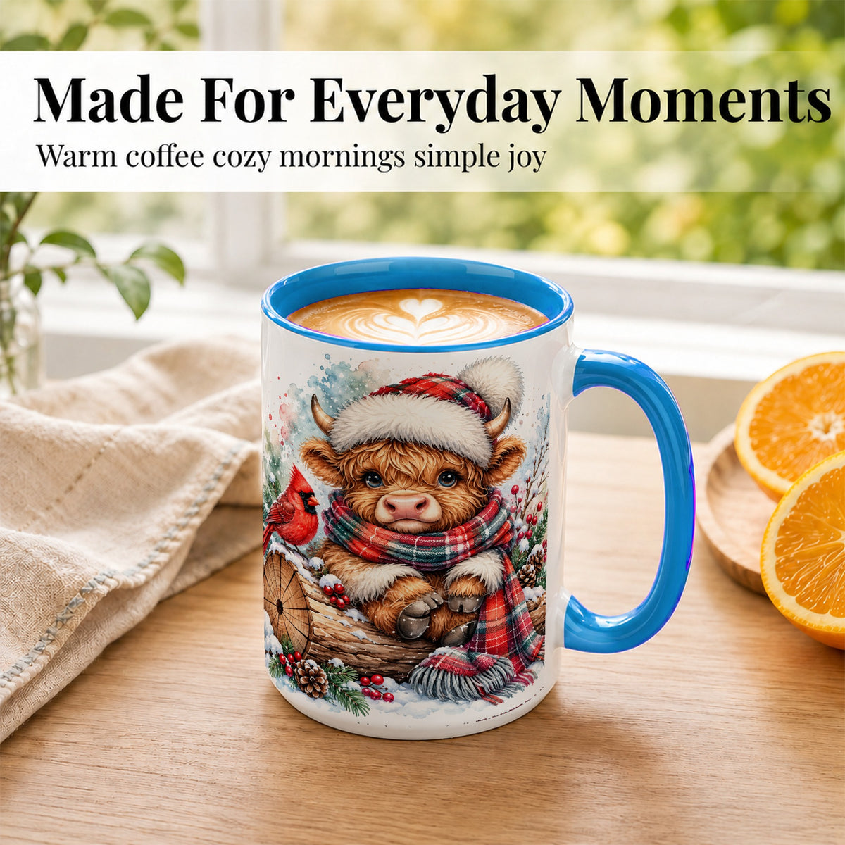 #pl[15oz|Blue] Christmas Highland Cow Coffee Mug, Winter Cow Mug, Ceramic Cup