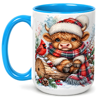 #pl[15oz|Blue] Christmas Highland Cow Coffee Mug, Winter Cow Mug, Ceramic Cup