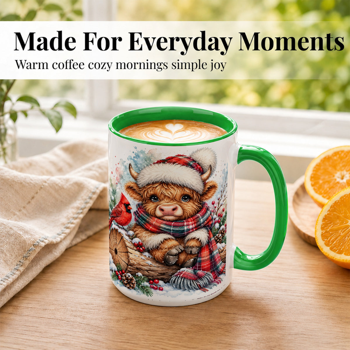#pl[15oz|Green] Christmas Highland Cow Coffee Mug, Winter Cow Mug, Ceramic Cup
