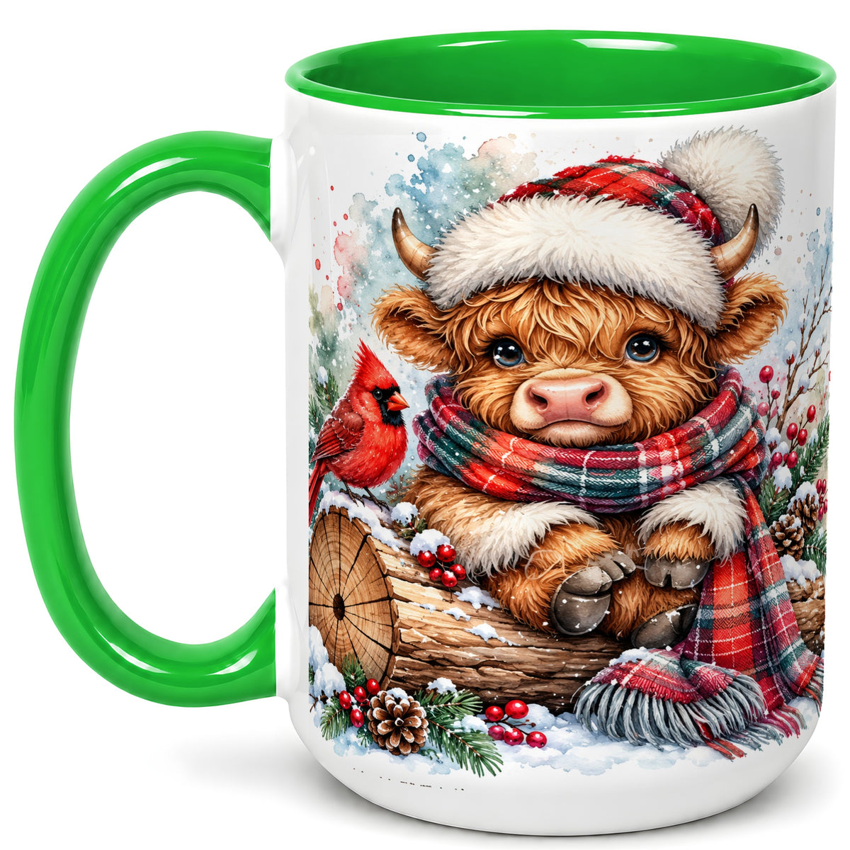 #pl[15oz|Green] Christmas Highland Cow Coffee Mug, Winter Cow Mug, Ceramic Cup