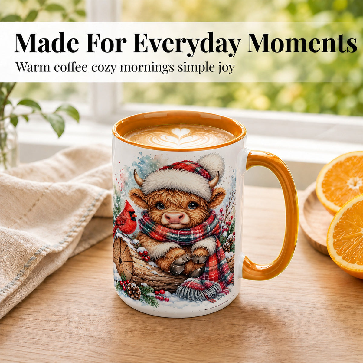 #pl[15oz|Orange] Christmas Highland Cow Coffee Mug, Winter Cow Mug, Ceramic Cup