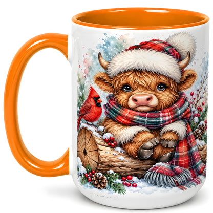 #pl[15oz|Orange] Christmas Highland Cow Coffee Mug, Winter Cow Mug, Ceramic Cup