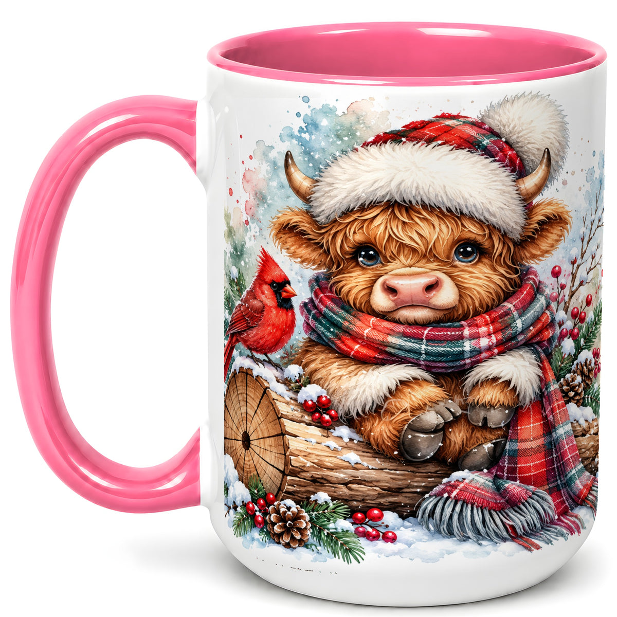 #pl[15oz|Pink] Christmas Highland Cow Coffee Mug, Winter Cow Mug, Ceramic Cup