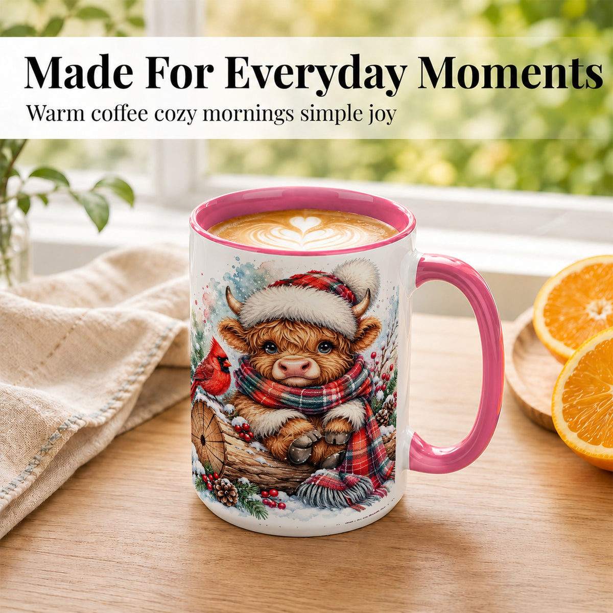 #pl[15oz|Pink] Christmas Highland Cow Coffee Mug, Winter Cow Mug, Ceramic Cup