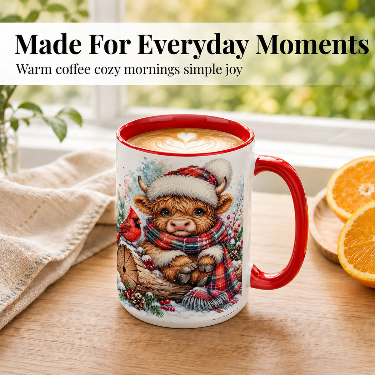 #pl[15oz|Red] Christmas Highland Cow Coffee Mug, Winter Cow Mug, Ceramic Cup