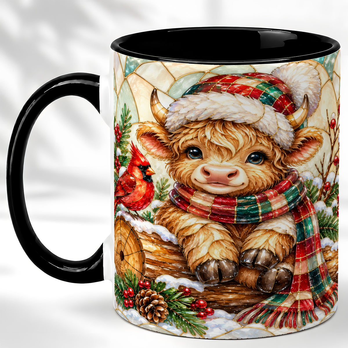 #pl[11oz|Black] Stained Glass Highland Cow Coffee Mug, Christmas Cow Mug, Ceramic Cup