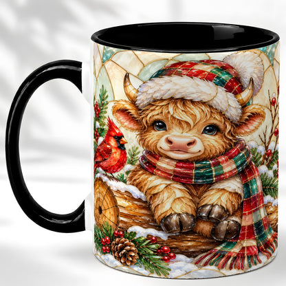 #pl[11oz|Black] Stained Glass Highland Cow Coffee Mug, Christmas Cow Mug, Ceramic Cup