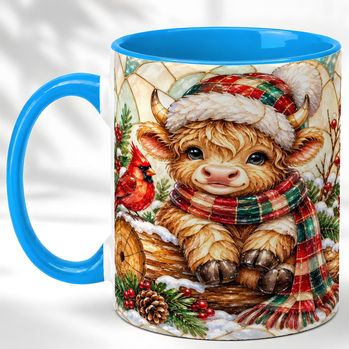 #pl[11oz|Blue] Stained Glass Highland Cow Coffee Mug, Christmas Cow Mug, Ceramic Cup