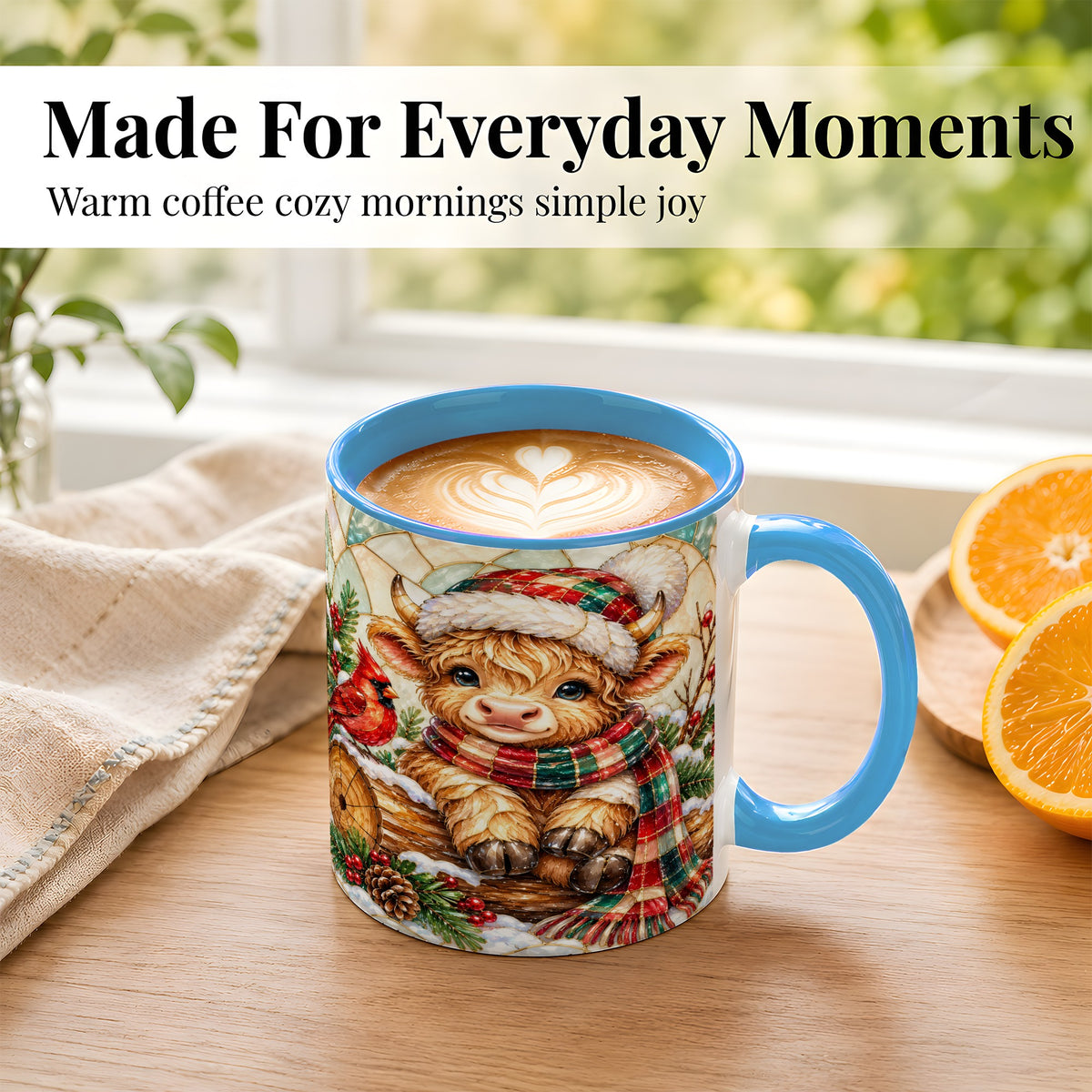 #pl[11oz|Blue] Stained Glass Highland Cow Coffee Mug, Christmas Cow Mug, Ceramic Cup