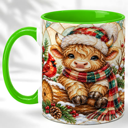 #pl[11oz|Green] Stained Glass Highland Cow Coffee Mug, Christmas Cow Mug, Ceramic Cup