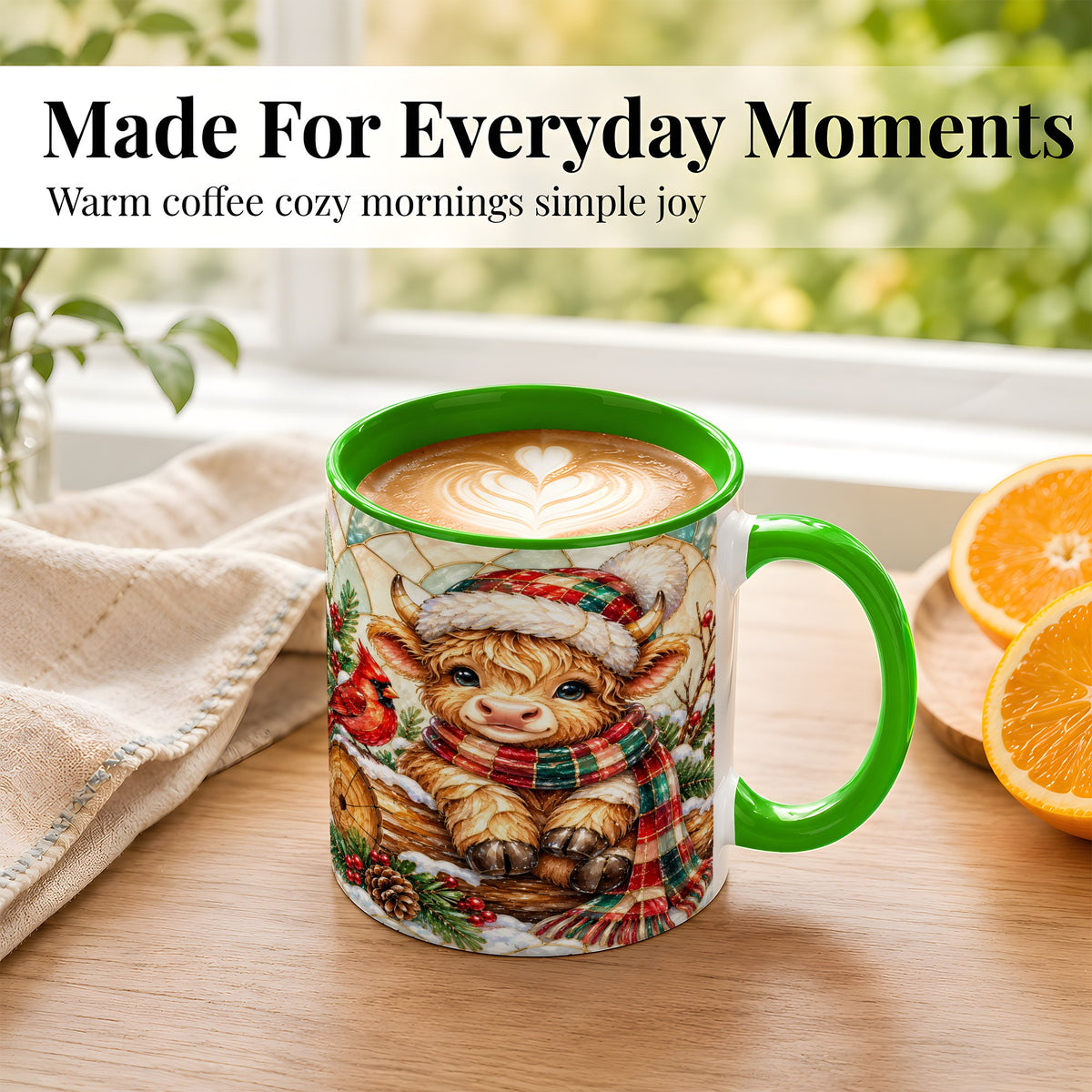 #pl[11oz|Green] Stained Glass Highland Cow Coffee Mug, Christmas Cow Mug, Ceramic Cup