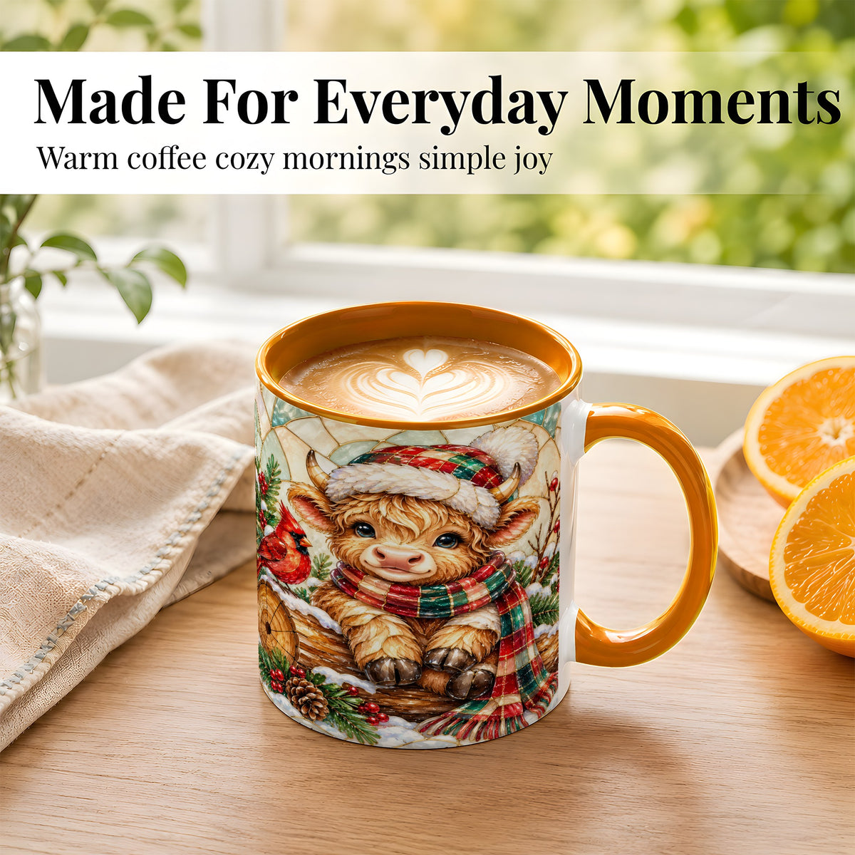 #pl[11oz|Orange] Stained Glass Highland Cow Coffee Mug, Christmas Cow Mug, Ceramic Cup