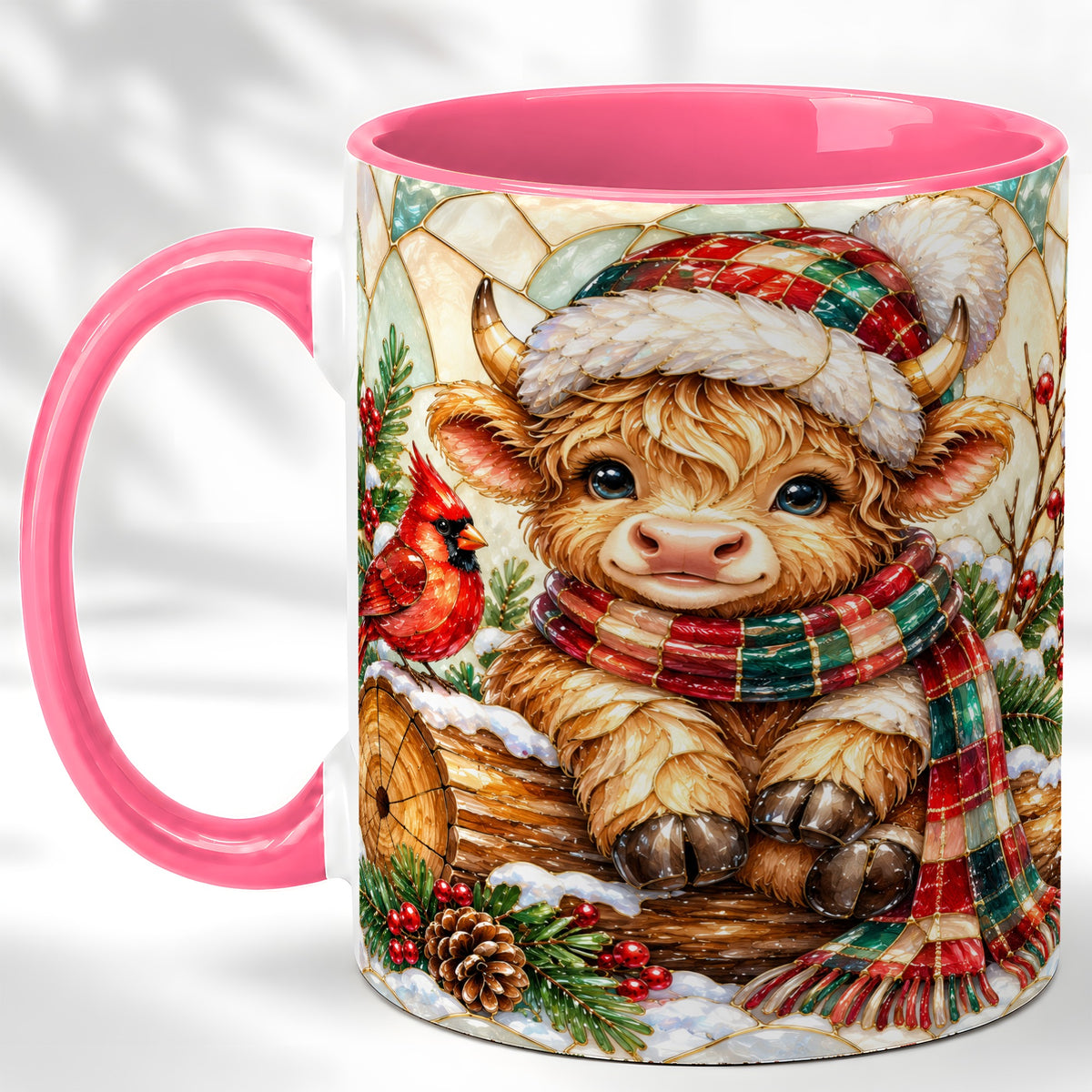 #pl[11oz|Pink] Stained Glass Highland Cow Coffee Mug, Christmas Cow Mug, Ceramic Cup