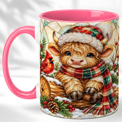 #pl[11oz|Pink] Stained Glass Highland Cow Coffee Mug, Christmas Cow Mug, Ceramic Cup