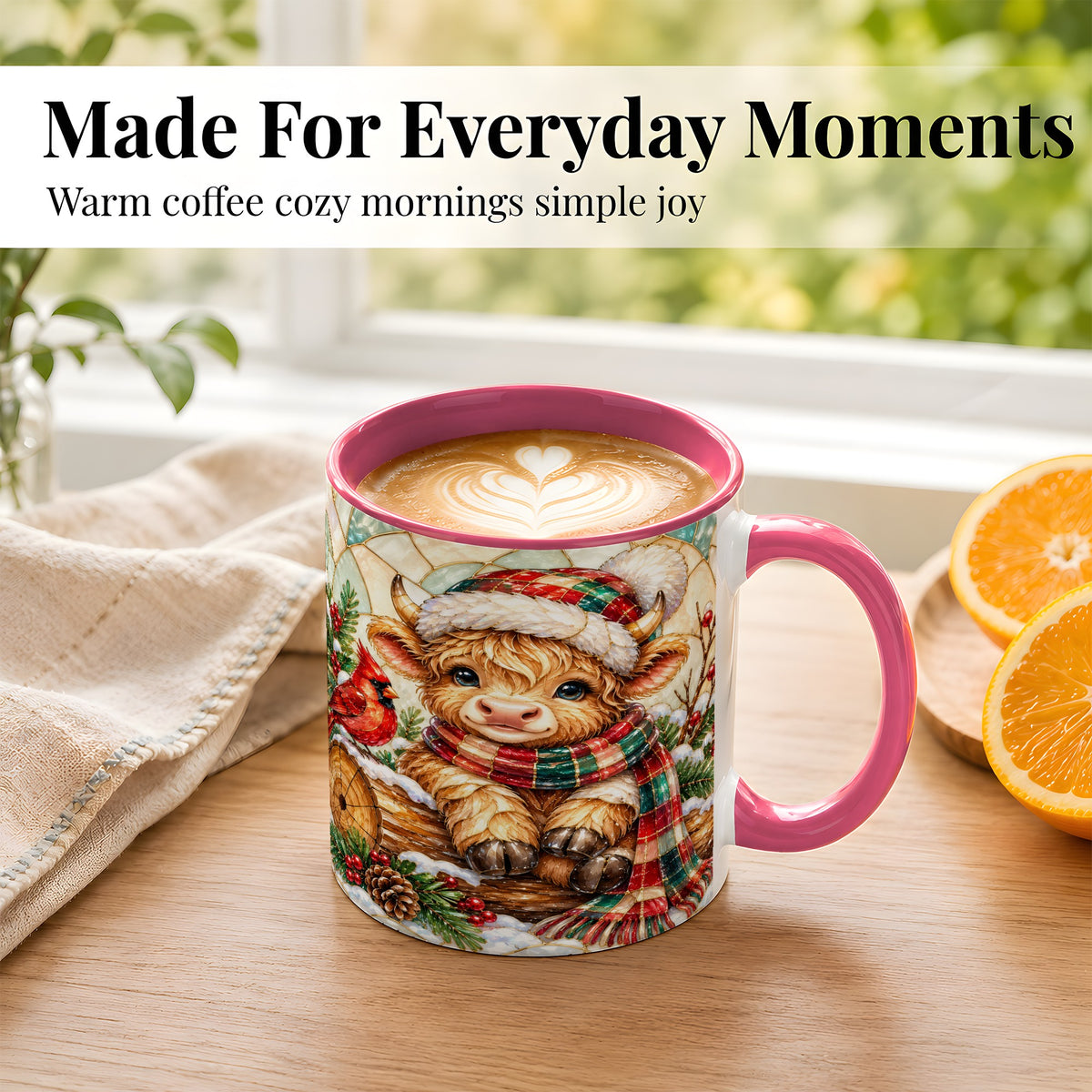 #pl[11oz|Pink] Stained Glass Highland Cow Coffee Mug, Christmas Cow Mug, Ceramic Cup