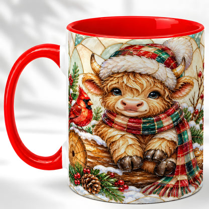 Stained Glass Highland Cow Coffee Mug, Christmas Cow Mug, Ceramic Cup