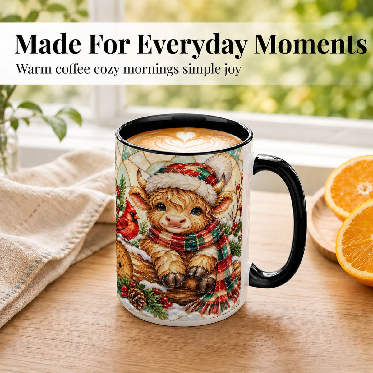 #pl[15oz|Black] Stained Glass Highland Cow Coffee Mug, Christmas Cow Mug, Ceramic Cup