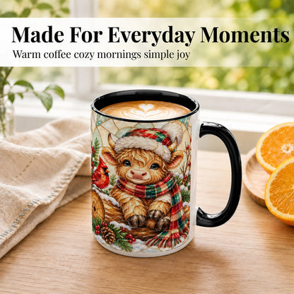 #pl[15oz|Black] Stained Glass Highland Cow Coffee Mug, Christmas Cow Mug, Ceramic Cup