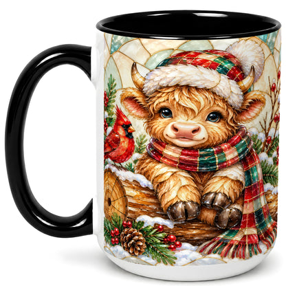 #pl[15oz|Black] Stained Glass Highland Cow Coffee Mug, Christmas Cow Mug, Ceramic Cup