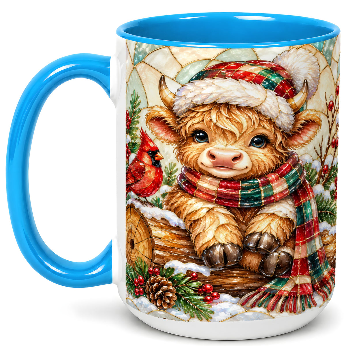 #pl[15oz|Blue] Stained Glass Highland Cow Coffee Mug, Christmas Cow Mug, Ceramic Cup