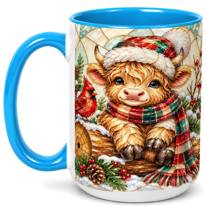 #pl[15oz|Blue] Stained Glass Highland Cow Coffee Mug, Christmas Cow Mug, Ceramic Cup