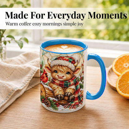 #pl[15oz|Blue] Stained Glass Highland Cow Coffee Mug, Christmas Cow Mug, Ceramic Cup