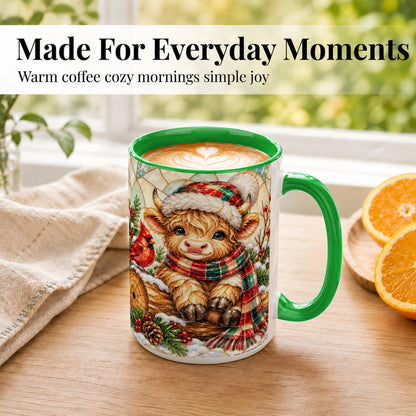 #pl[15oz|Green] Stained Glass Highland Cow Coffee Mug, Christmas Cow Mug, Ceramic Cup