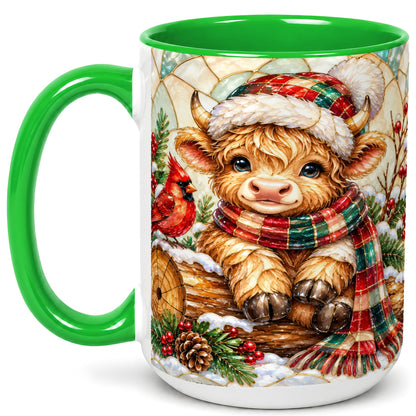 #pl[15oz|Green] Stained Glass Highland Cow Coffee Mug, Christmas Cow Mug, Ceramic Cup