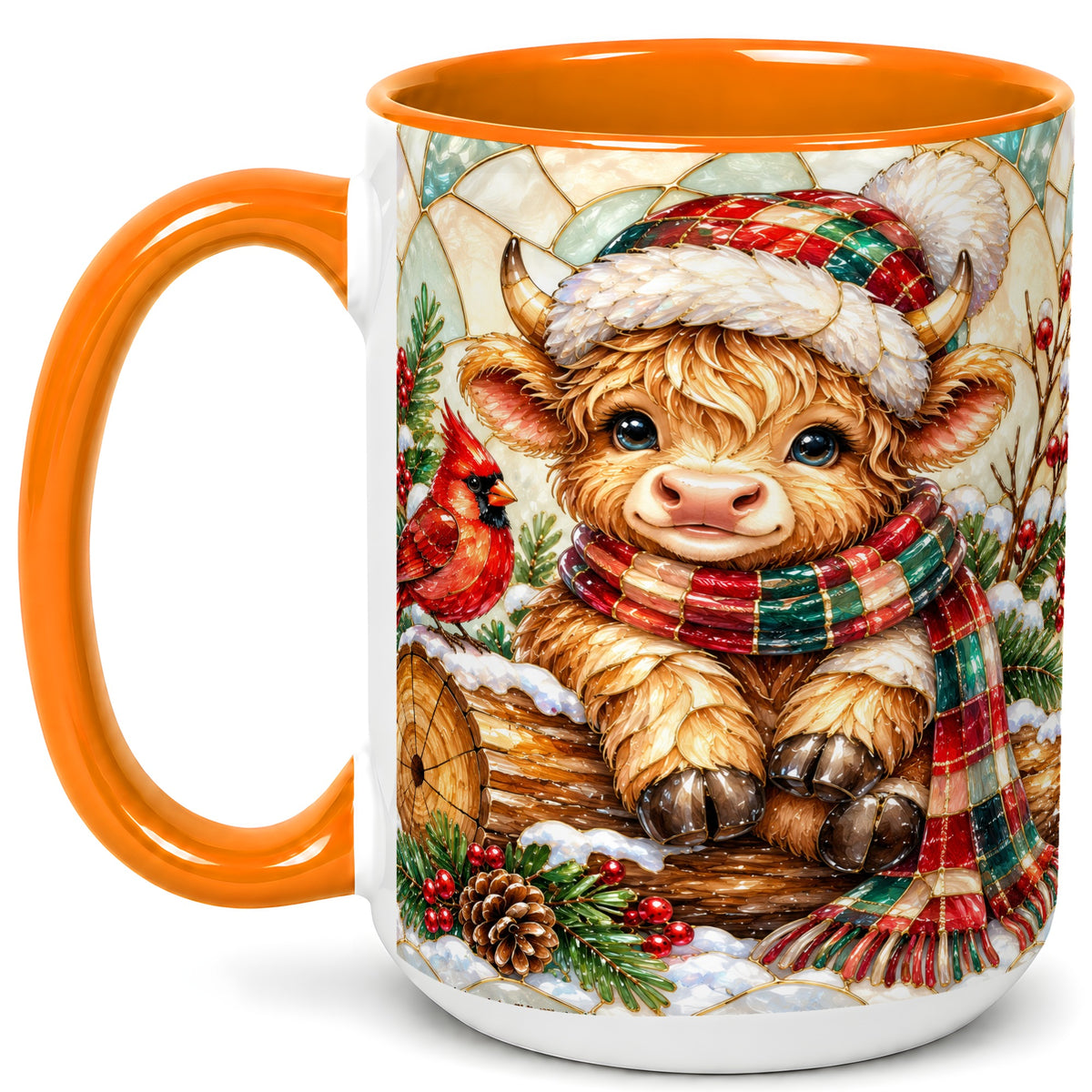 #pl[15oz|Orange] Stained Glass Highland Cow Coffee Mug, Christmas Cow Mug, Ceramic Cup