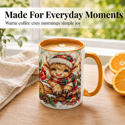 #pl[15oz|Orange] Stained Glass Highland Cow Coffee Mug, Christmas Cow Mug, Ceramic Cup
