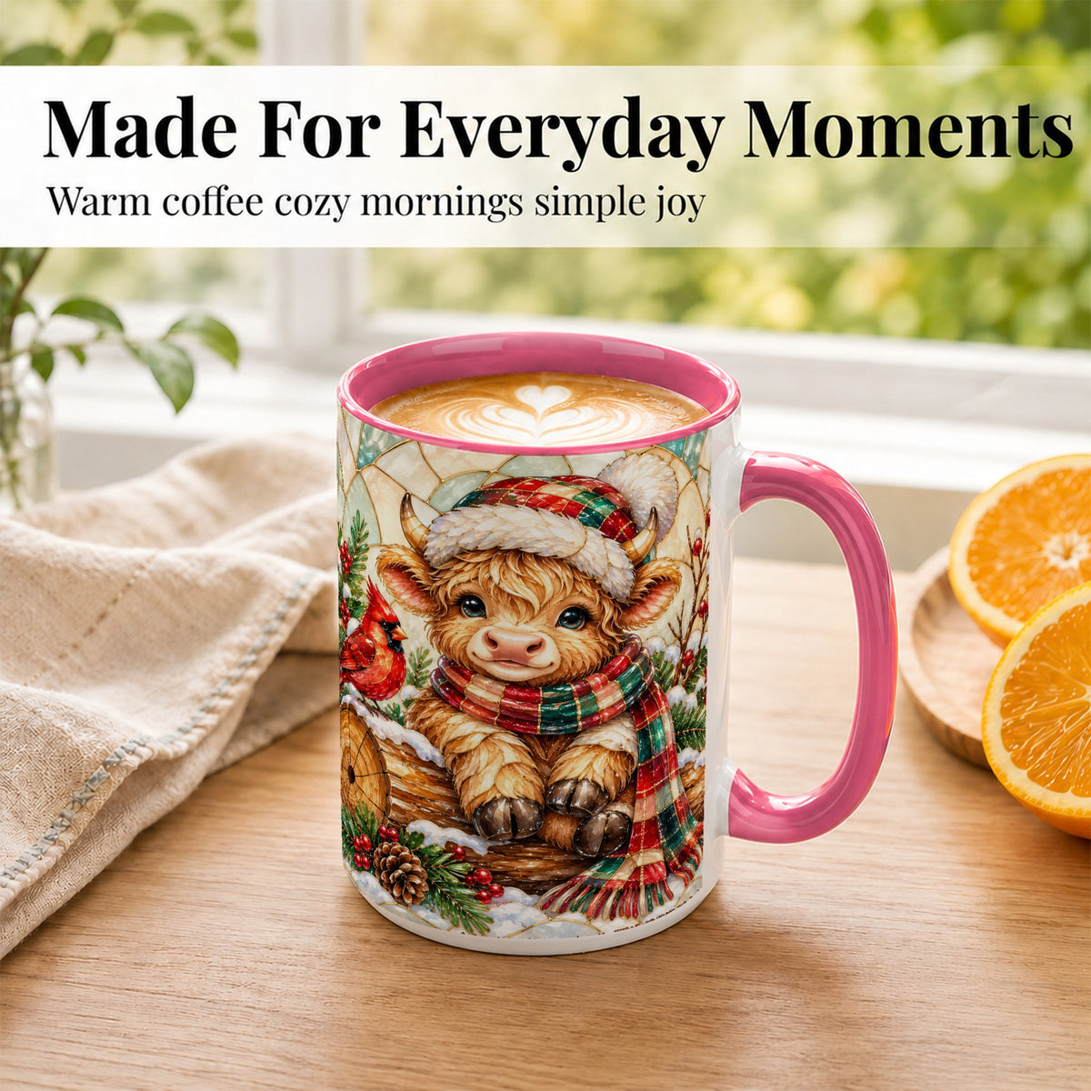 #pl[15oz|Pink] Stained Glass Highland Cow Coffee Mug, Christmas Cow Mug, Ceramic Cup