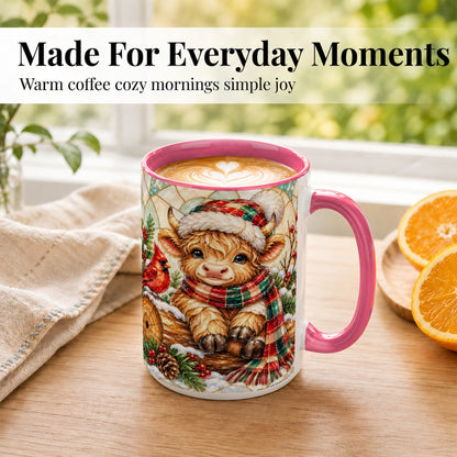 #pl[15oz|Pink] Stained Glass Highland Cow Coffee Mug, Christmas Cow Mug, Ceramic Cup