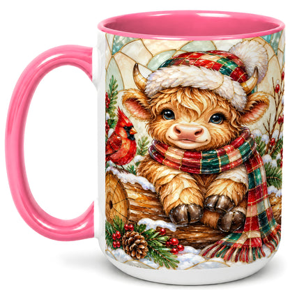 #pl[15oz|Pink] Stained Glass Highland Cow Coffee Mug, Christmas Cow Mug, Ceramic Cup