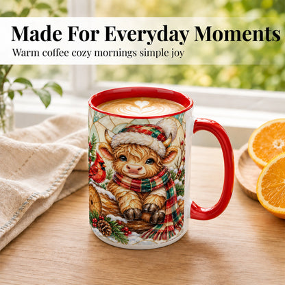 #pl[15oz|Red] Stained Glass Highland Cow Coffee Mug, Christmas Cow Mug, Ceramic Cup